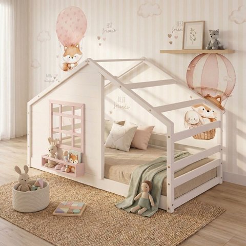 Cama Montessoriano Casinha com Janela Madeira Maciça Branco/Rosa Housin