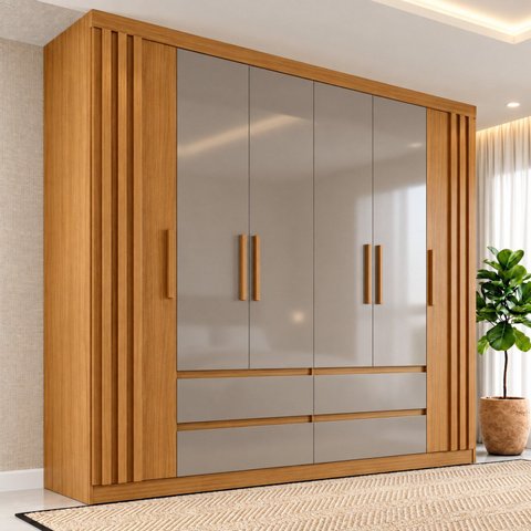 Guarda Roupa Casal 6 Portas 4 Gavetas com Apliques Ripados Riade