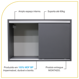 Armário Aéreo Multiuso 70cm 2 Portas de Correr 100% Mdf Cor:cinza - 3
