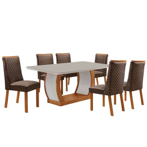 Mesa de Jantar Milena 180cm Tampo MDF Vidro Canto Copo com 6 Cadeiras Yasmin