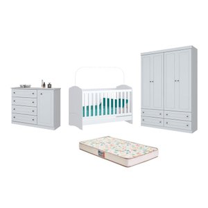 Berço Bala de Menta, Cômoda Americano e Guarda Roupa Americano 4 Pts Branco e Colchão - Fdecor