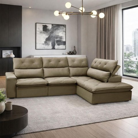 Sofá 3 Lugares Retrátil Reclinável Chaise Direito 258cm Bergen F04 Veludo Amêndoa - Lyam Decor