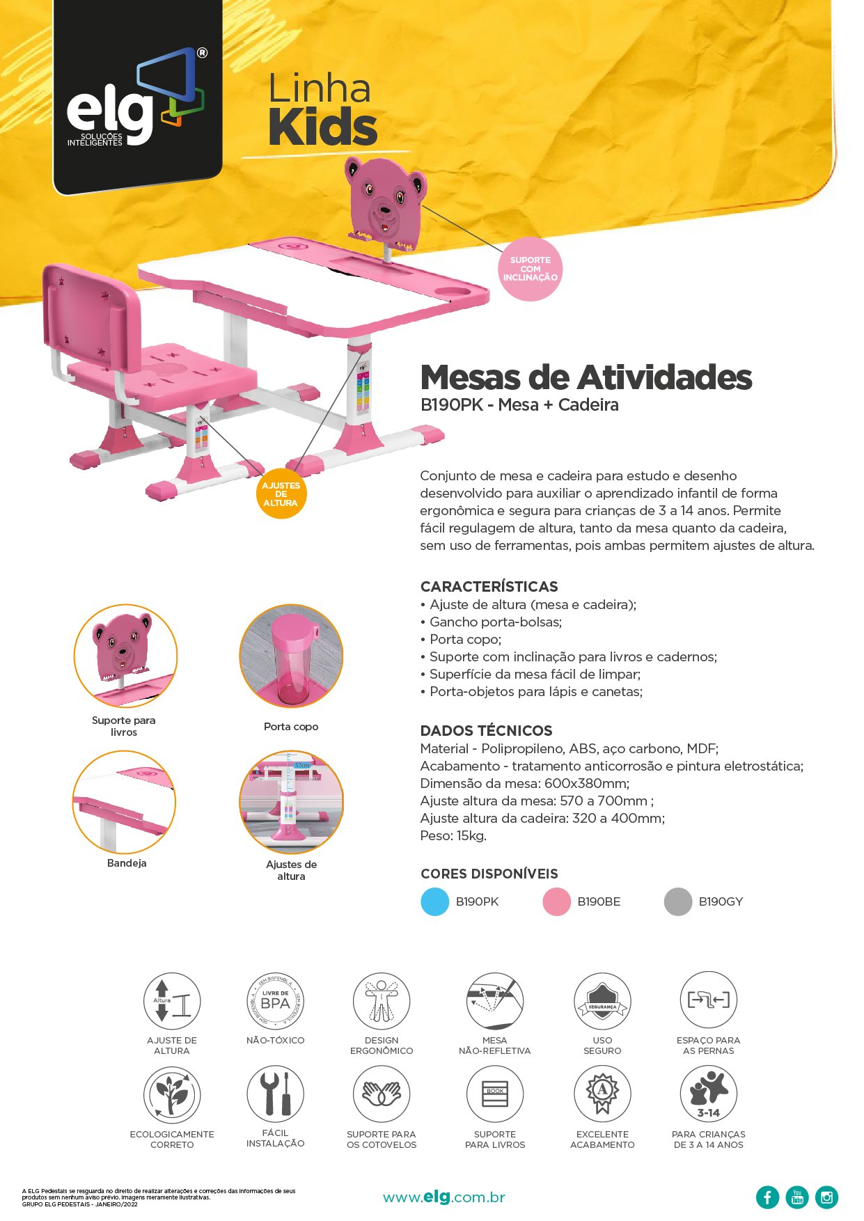 Mesa e Cadeira Infantil Estudo e Desenho Br/rs B190pk - Elg - 2