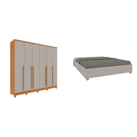 Conjunto Guarda Roupa Casal 6 Portas 8 Gavetas Puxador MDF com Pés Portugal e Cama Casal Monaco Bege
