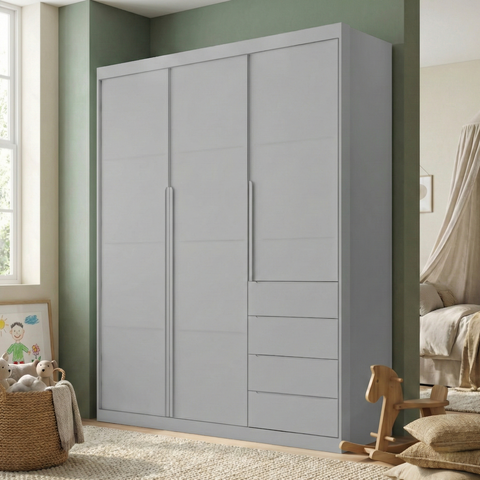 Guarda-Roupa Infantil 3 Portas e 4 Gavetas 220cm Pérola Cinza