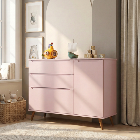 Cômoda Infantil 100% MDF com 3 Gavetas e 1 Porta Retrô Melinda Rosa