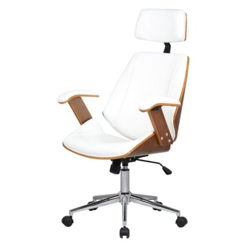 Cadeira Giratória Lisboa Bergen Rivatti com Encosto de Cabeça Madeira Laminada Pu Branco Base Rod