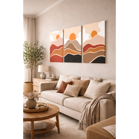 Conjunto 3 Quadros Decorativos por do Sol para Sala Quarto Tons Terrosos em Tecido Canvas 50x75cm