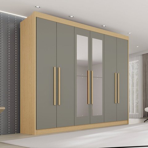 Guarda Roupa Casal com Espelho 6 Portas 6 Gavetas 100% MDF Itália Plus Cinza/Jequitibá/Granizo