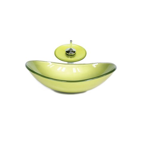 CUBA DE VIDRO OVAL 47CM VERDE OLIVA + VALVULA + TORNEIRA CASCATA