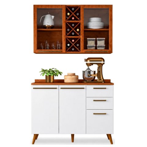 Armário de Cozinha Compacta 4 Portas 3 Gavetas Vidro Reflecta com Adega 1,20m Favorita Branco/