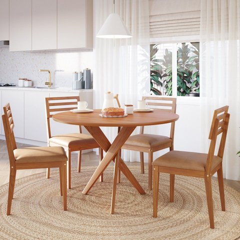 Conjunto Sala de Jantar Mesa Redonda 4 Cadeiras Madeira Maciça MDF Juparanã Cacau Marrom