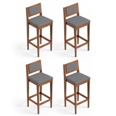 Kit 04 Banquetas Altas Lenna 99cm em Madeira e Encosto Estofado Linho Cinza - Desk Design