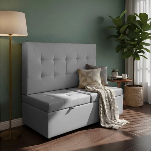 Canto Alemão Recamier Bau + Painel Paris 120cm Linho Cinza - Clique Decor