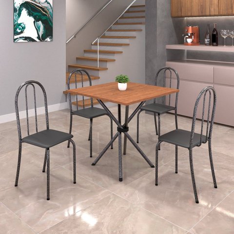 Conjunto de Mesa Tubular 70cm x 70cm Tampo em MDF com 4 Cadeiras Ane B Prata/Preto/Martelado