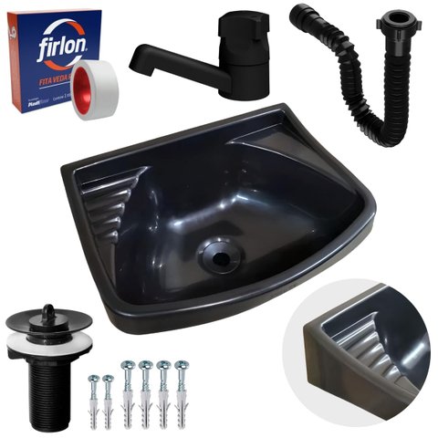 Pia Lavatório Plástico 4,8l Preta + Sifão Sanfonado Universal 61cm Preto + Torneira Preta + Veda Ros