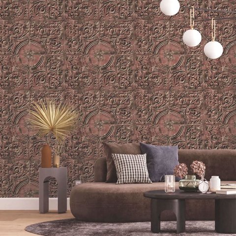 Papel de Parede Geométrico Arabesco Marrom Vinilico Lavável+ Cola Inclusa