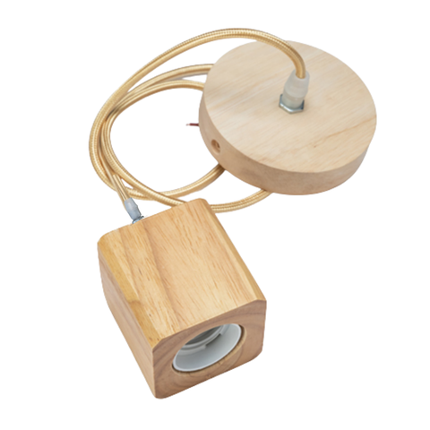 Lustre Pendente Com Tampa Canopla Rústico Em Madeira Maciça De 1M Com Fio PP Com Bocal Soquete Bivol