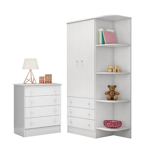 Jogo de Quarto Infantil Doce Sonho com Guarda Roupa 2 Portas e Cômoda 4 Gavetas Branco - Qmovi