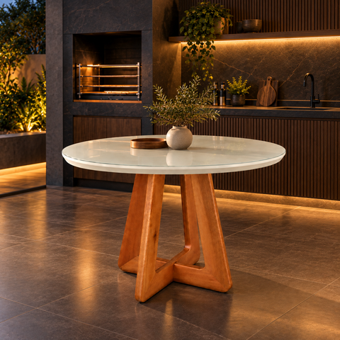 Mesa Redonda 100cm Off White em Madeira Cozinha Área Gourmet