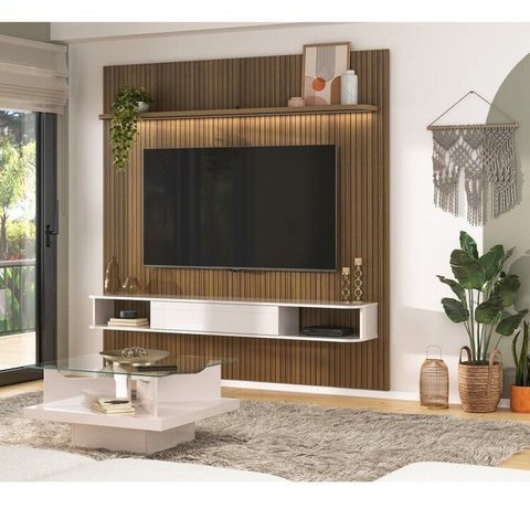 Conjunto Sala Estar Mesa de Centro Clear e Painel Belluno que Acompanha Suporte para Tv Marrom Pinho Ripado/Off White