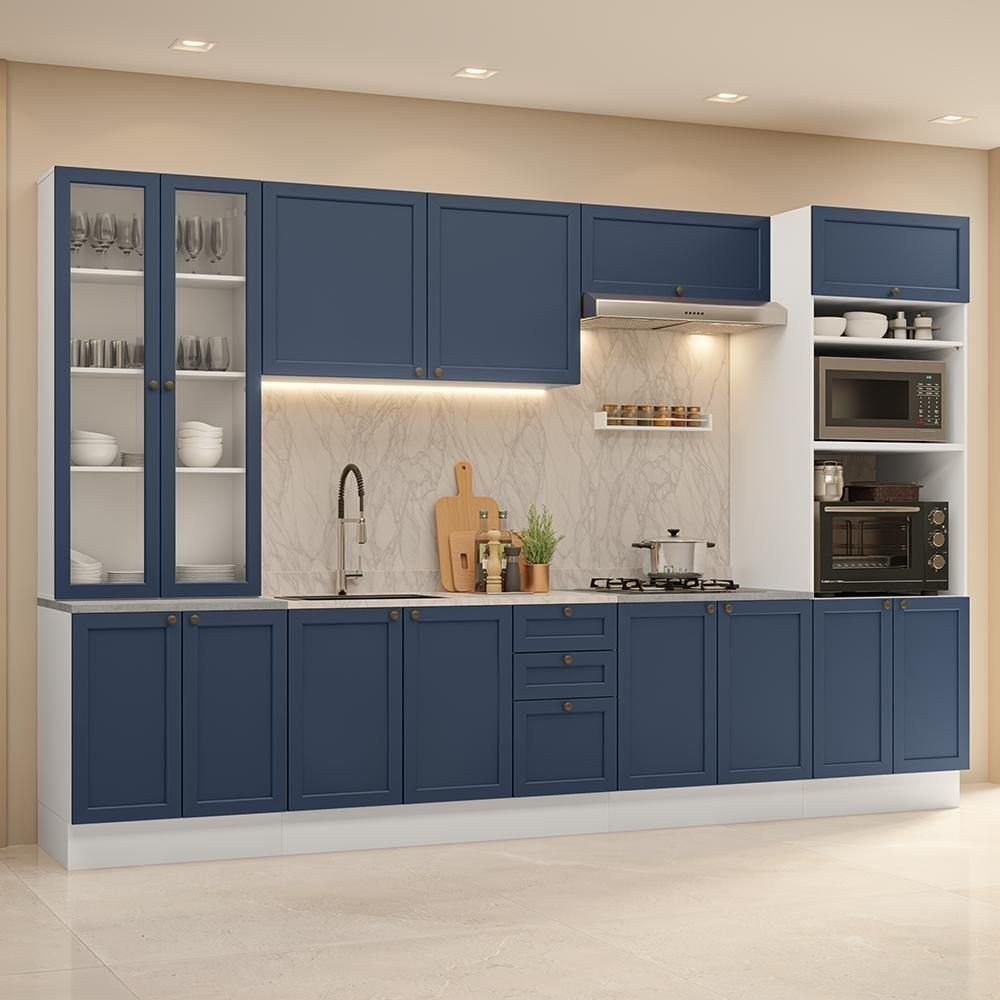 Armário de Cozinha Completa 340 cm Branco/Azul Vik Madesa 01
