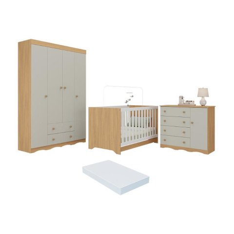 Quarto de Bebê Completo Berço Americano 3x1 Colchão Realeza Multimóveis Mp4599 Madeirado/off