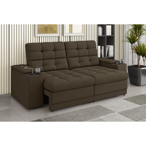 Sofá Confort Premium 2,05m Assento Retrátil/reclinável Porta Copos e Usb Suede Marrom - Xflex