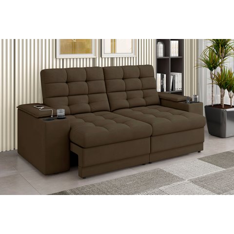 Sofá Confort Premium 2,05m Assento Retrátil e Reclinável Porta Copos e USB Suede Marrom - Xflex