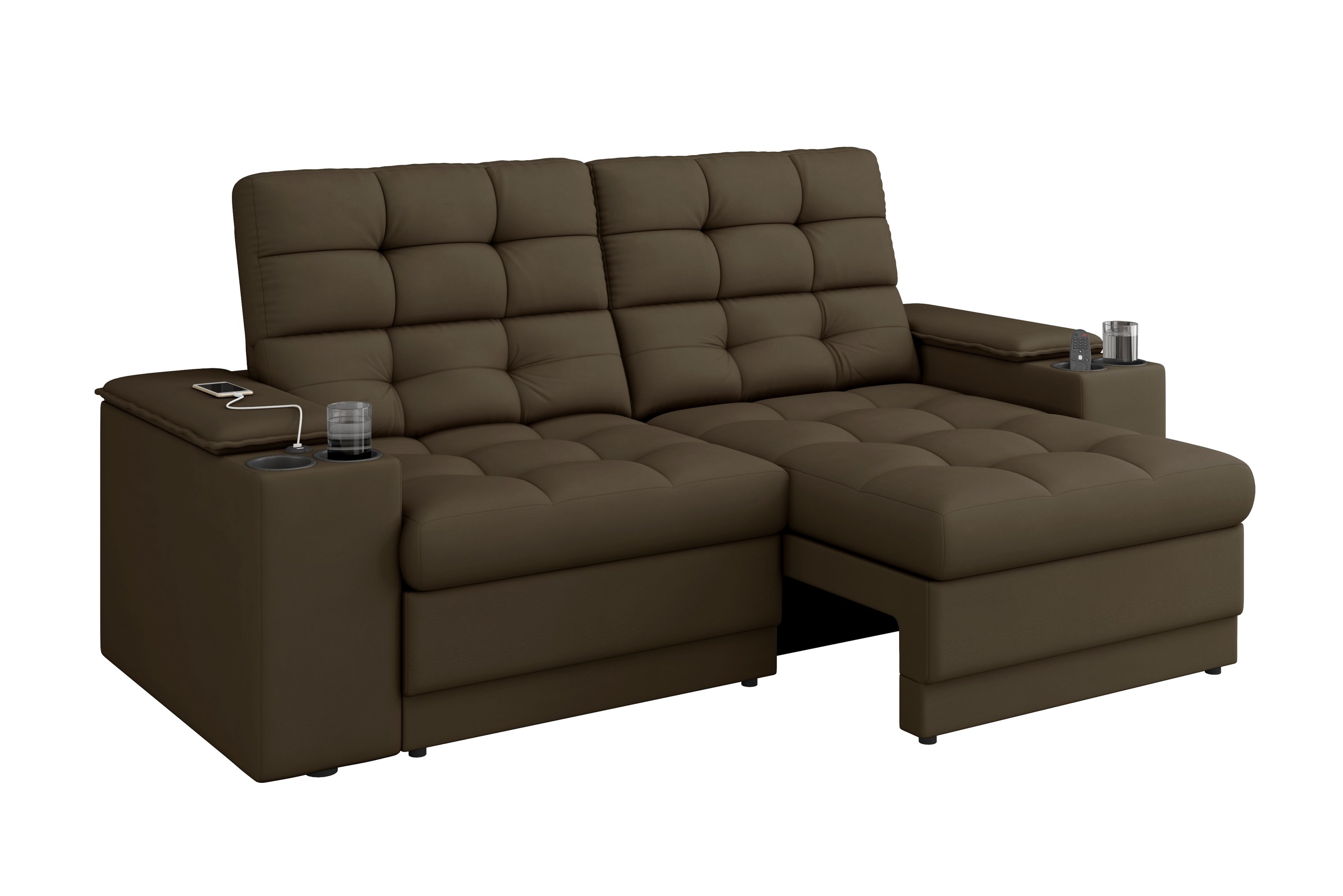 Sofá Confort Premium 2,05m Assento Retrátil/reclinável Porta Copos e Usb Suede Marrom - Xflex - 3