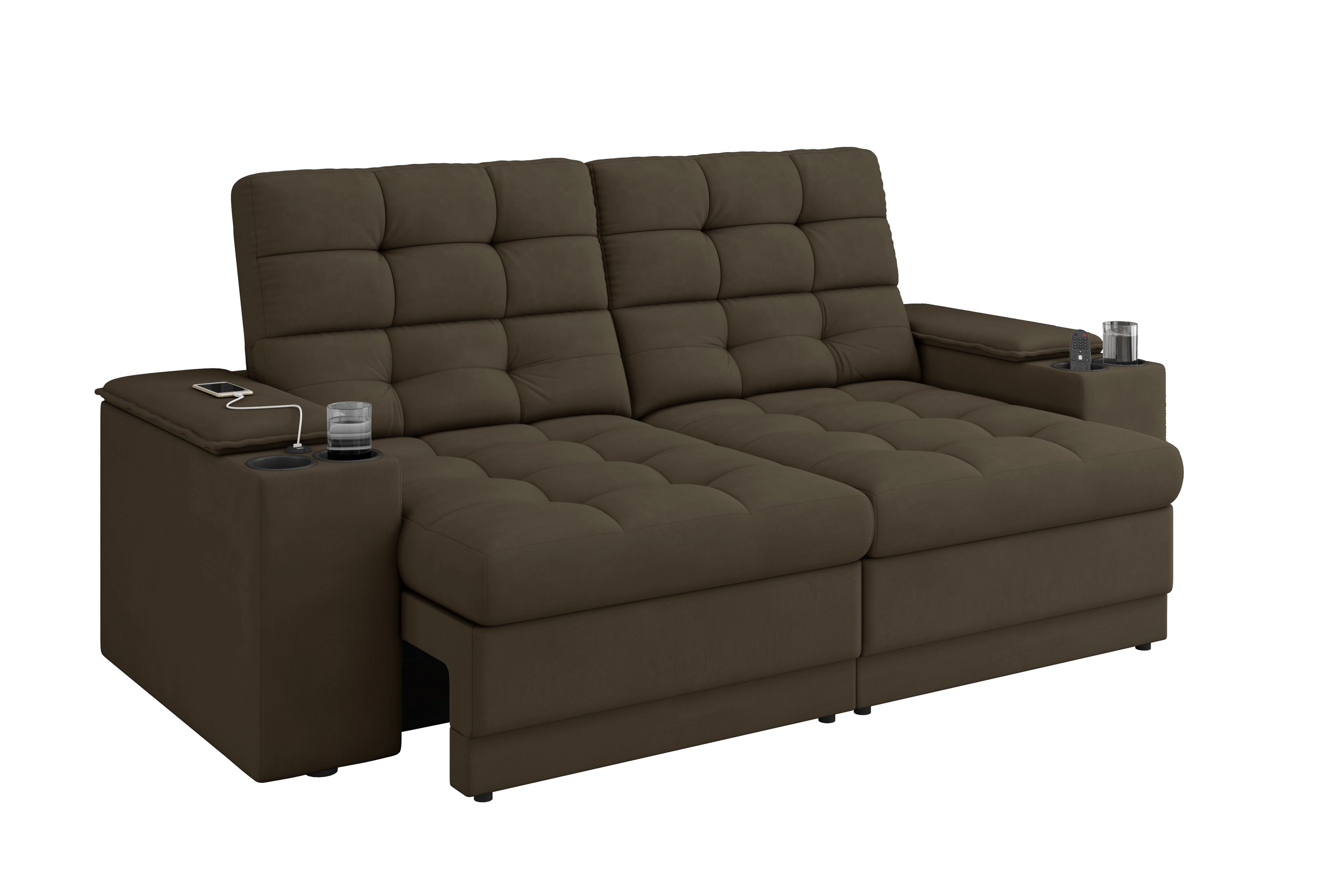Sofá Confort Premium 2,05m Assento Retrátil/reclinável Porta Copos e Usb Suede Marrom - Xflex - 4