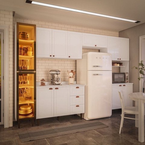 Cozinha Completa Modulada 320cm com Tampo e Cristaleira 5 Peças Pérola Yescasa