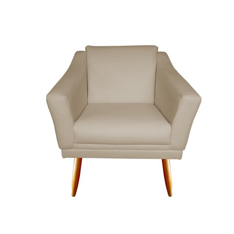 Poltrona Decorativa Agatha Couro Bege Pés Madeira Mz Decor