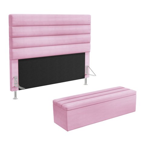 Cabeceira Atlas e Calçadeira Baú Ursa 195 para Cama King Z-021 Sued Rosa Bebê Aradecor
