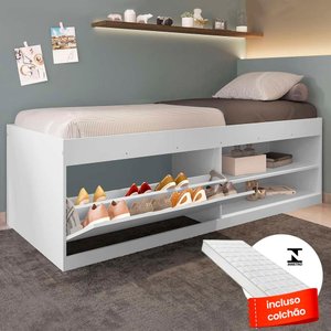 Cama Bau Solteiro Com Colchão E Sapateira Embutida Branco Vanessa Framar
