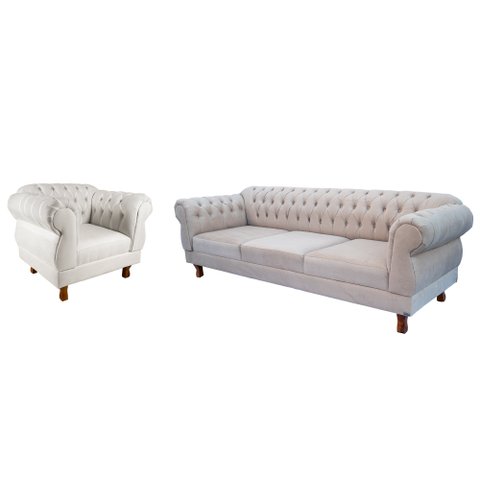 Conjunto Sofá Namoradeira Elisabeth Chesterfield Capitone Suede Nude Decorativa / Sala, Tv, Estar, R