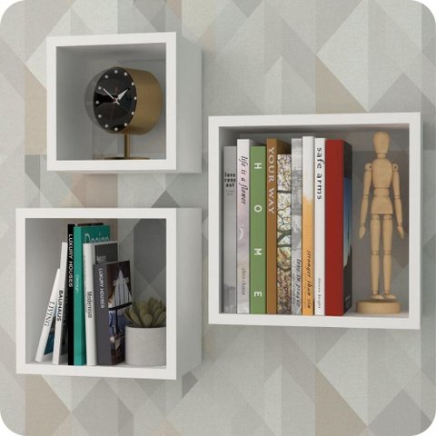 3 Nichos para Livros Parede Quarto Sala Quadrado Branco