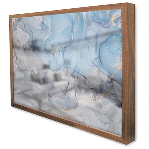 Quadro Decorativo Caixa Alta com Vidro Abstrato Mármore Azul Maya TaColado Moldura Madeira 120 x 80c