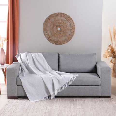 Xale para Sofá Manta Grid Jacquard 2,10m x 1,35m com Franja 60% Algodão / 40% Poliéster Tecido
