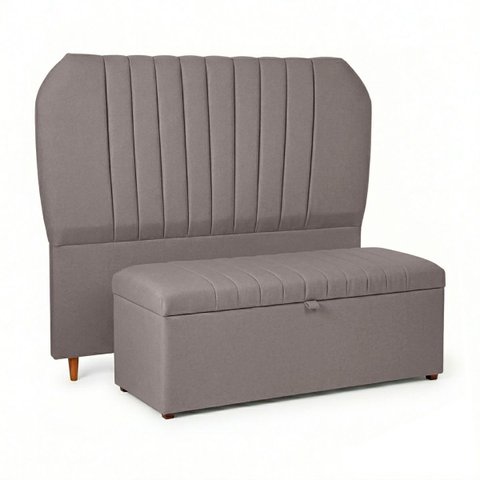 Conjunto de Cabeceira e Recamier Baú Elegante para Cama de Casal 140 Hera Linho