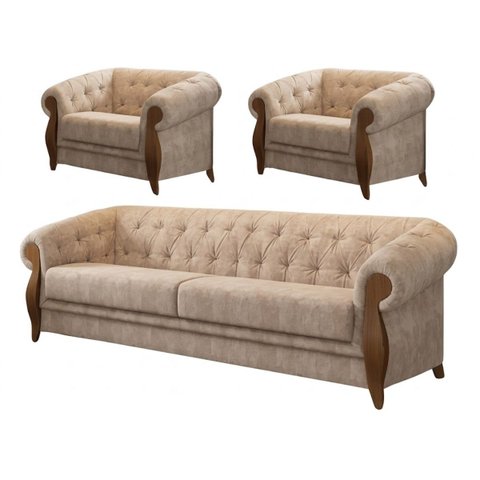 Conjunto Adhara Sofá 3 Lugares e 2 Poltronas em Linho Bege - Larbelle