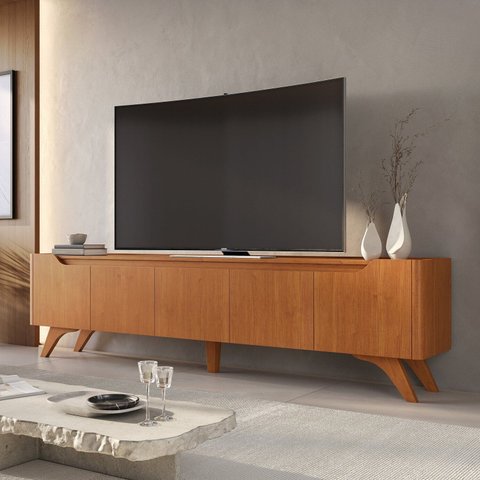 Rack para TV até 75 Polegadas 100% MDF 220cm Pés em Madeira Maciça 4 Portas Grécia