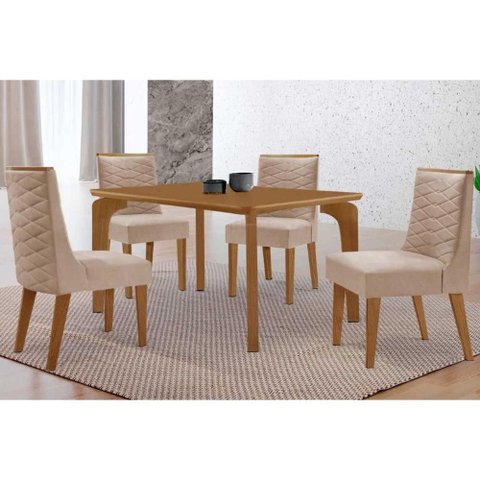 Conjunto: Mesa Sala Jantar Londrina Curvo 120cm + 4 Cadeiras Dafne Naturale - Suede Creme Rufato