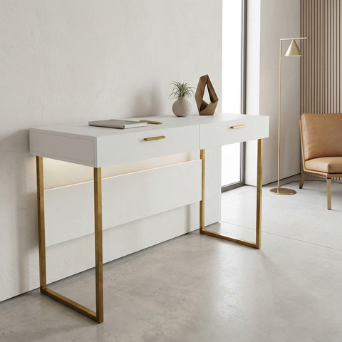 Escrivaninha Mesa Escritório 2 Gavetas 120cm Pés em Aço Olympia Branca E Dourado