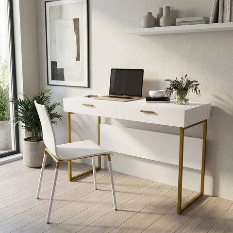 Escrivaninha Mesa Escritório 2 Gavetas 120cm Pés em Aço Olympia Branca E Dourado