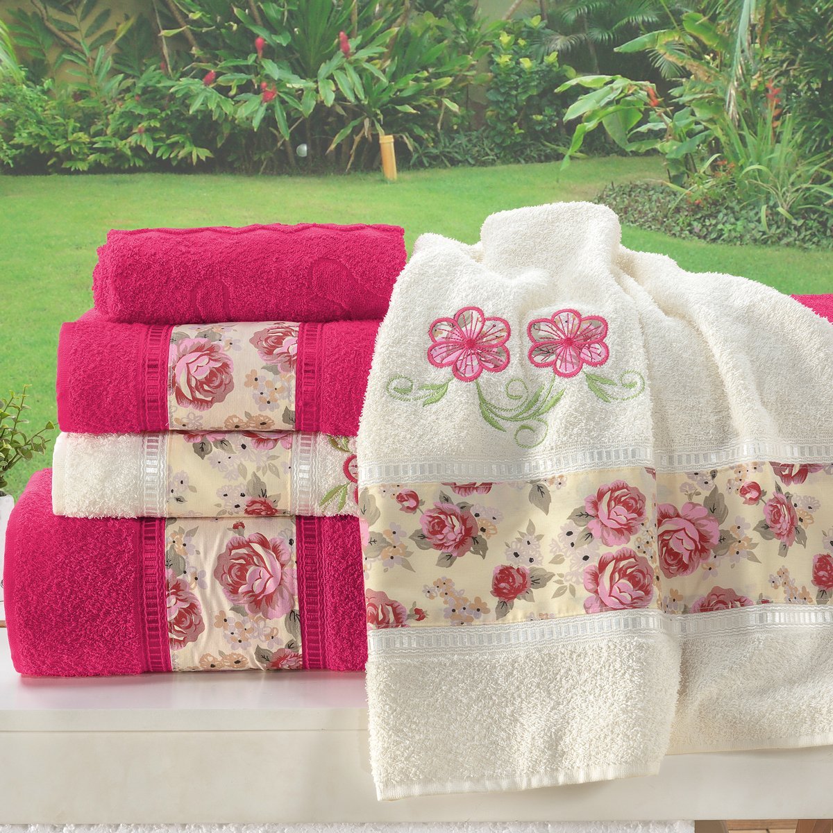 Kit Jogo de Toalha de Banho e Rosto 5 Peças Flores com Piso 100% ...