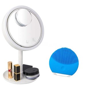 Kit para Limpeza Facial - Espelho Led com Ventilador Seca Maquiagem + Esponja Facial Elétrica Cor:ún