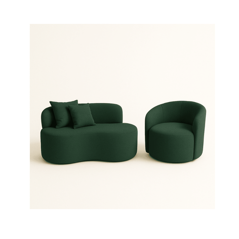 Conjunto 01 Poltrona + Sofá Curvo Orgânico Nature Gaia Suede Verde - Montanaris Decor