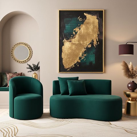 Conjunto 01 Poltrona + Sofá Curvo Orgânico Nature Gaia Suede Verde - Montanaris Decor