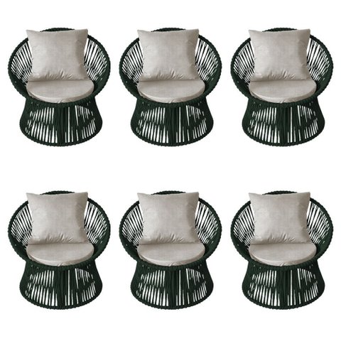 Kit 6 Poltronas Estofada Sol com Almofada em Corda Náutica e Base Alumínio Premium Preta/verde Musgo